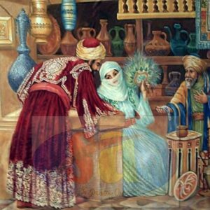 a wealthy arab woman in an antique shop