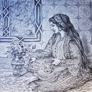 a woman places flowers in a vase.