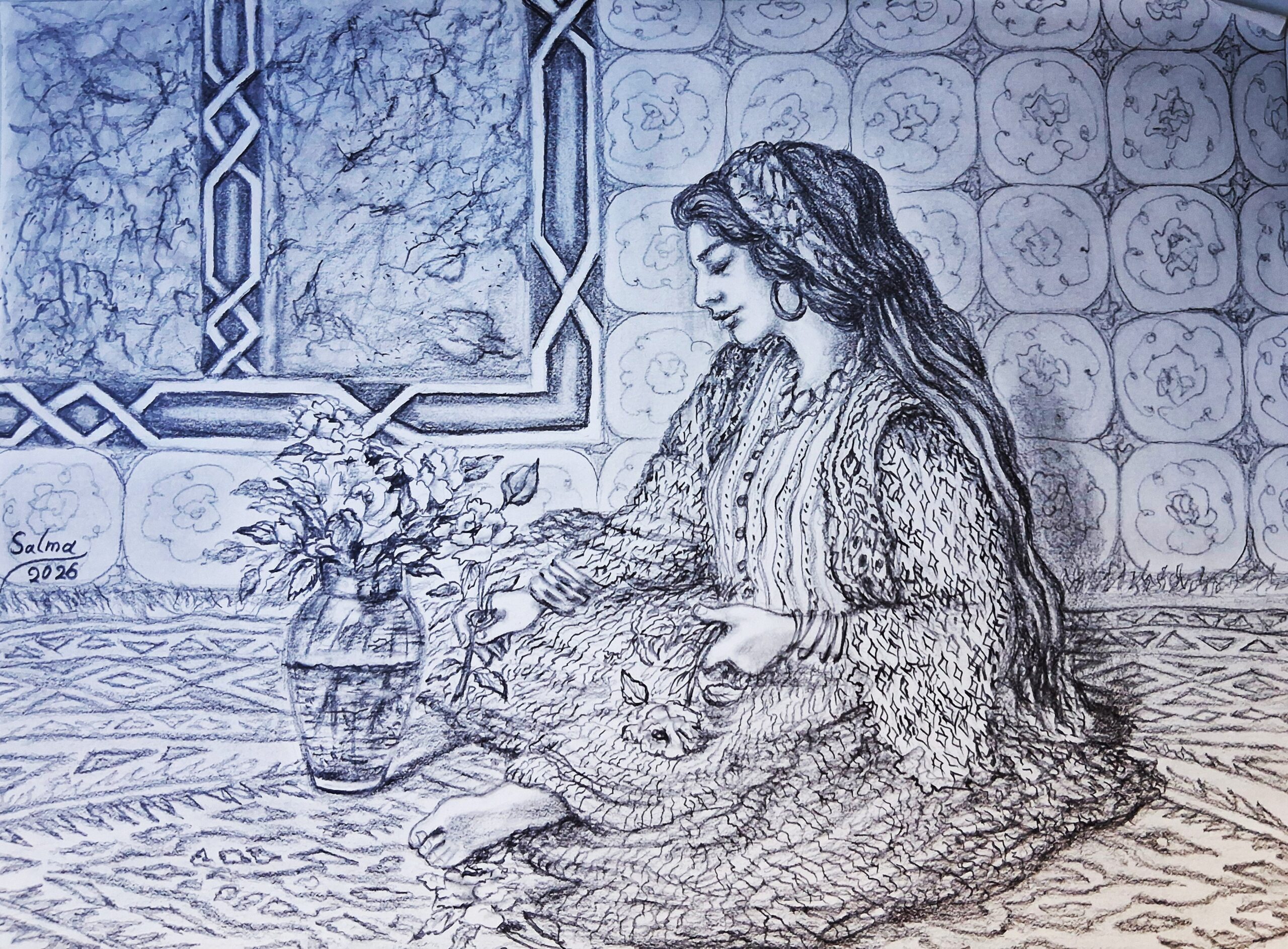 a woman places flowers in a vase. a woman places flowers in a vase.