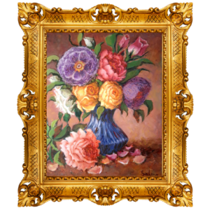 a blue vase filled with a variety of purple, red, and yellow flowers
