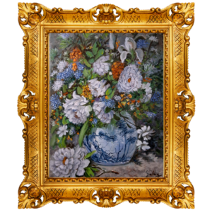 oil painting on canvas features a sky blue vase rendered in an impressionist style