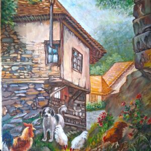 village scene with guard dog