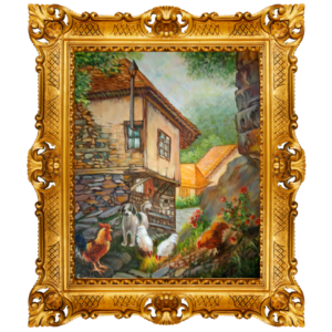 "village scene oil painting – serene countryside art for your home"